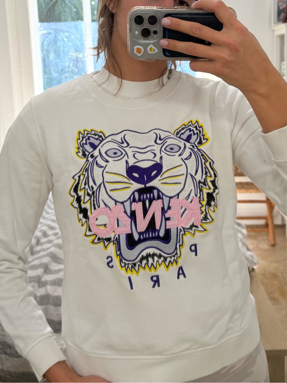 Kenzo White Sweatshirt with Multicolor Tiger Embroidery